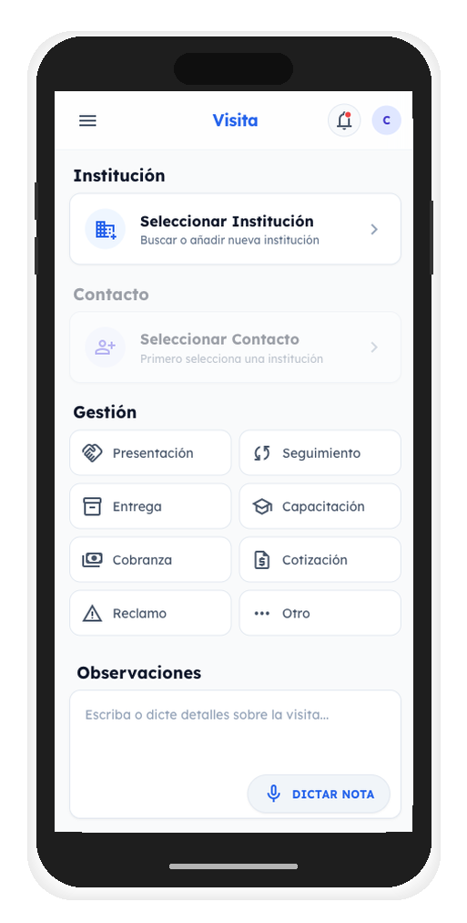 Pantalla real de la app SFE: formulario Nueva Visita con institución, contactos, gestión y observaciones